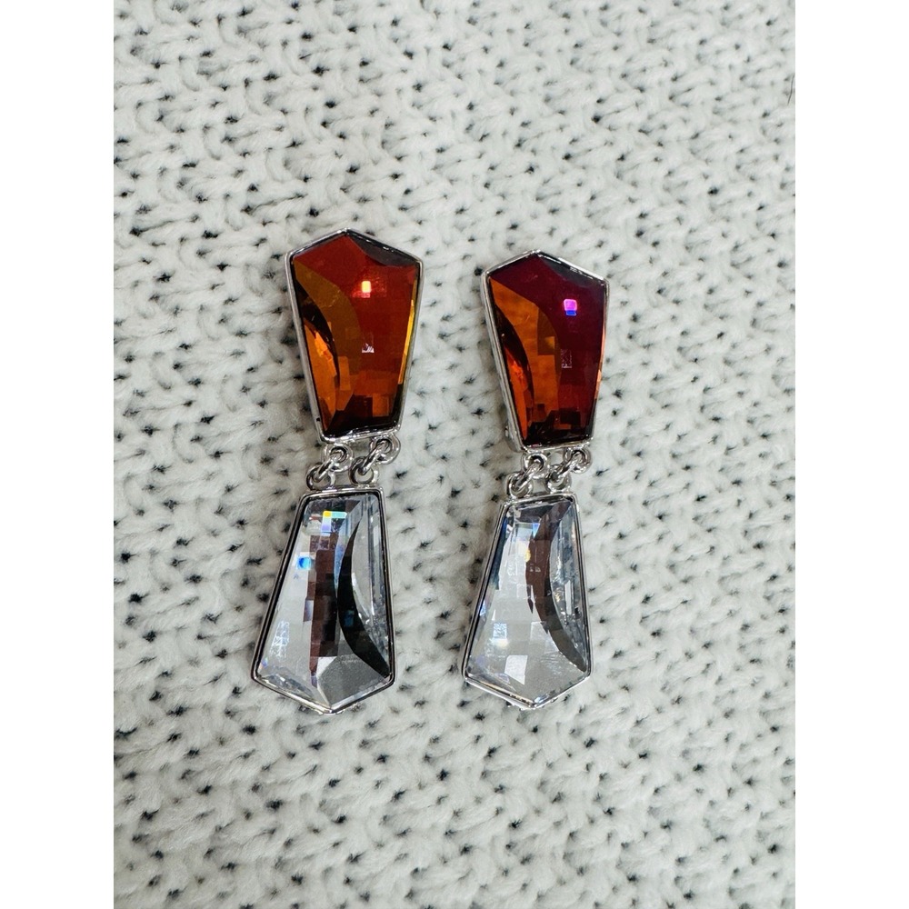 Swarovski Signed Two Tone Amber Clear Geometric Crystal Dangle Clip On Earrings
